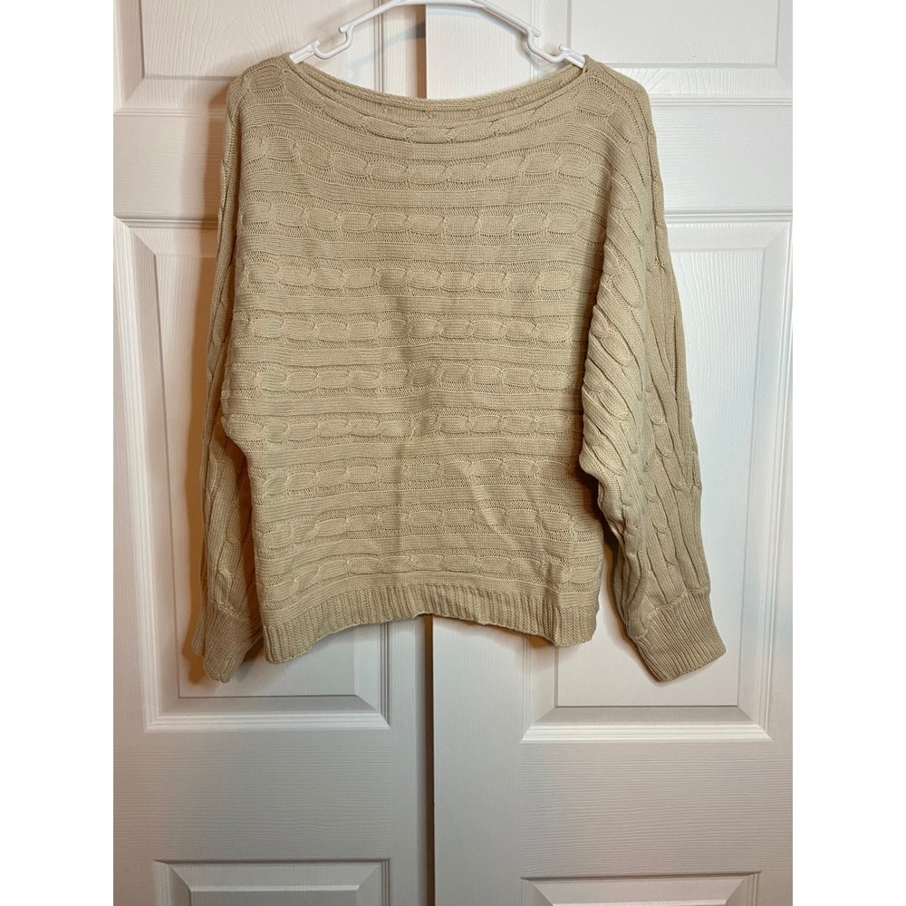 Beige Cable Knit Boat Neck Dolman Sleeve Sweater Small Tan Acrylic